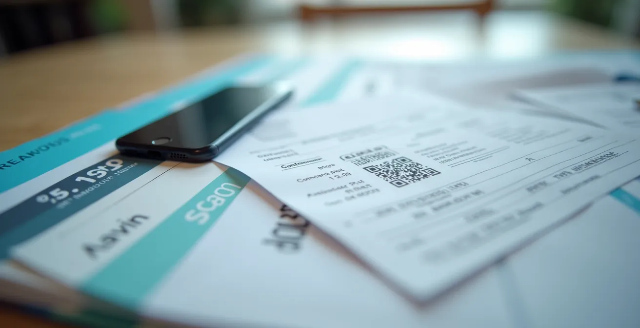 Vista macro ravvicinata di documenti sanitari organizzati con app di scansione su smartphone