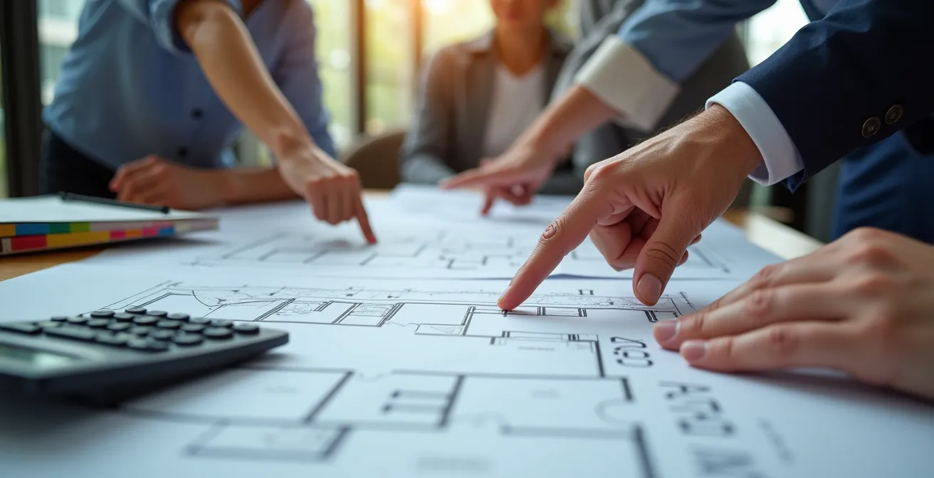 Riunione condominiale con documenti e calcolatrice sul tavolo