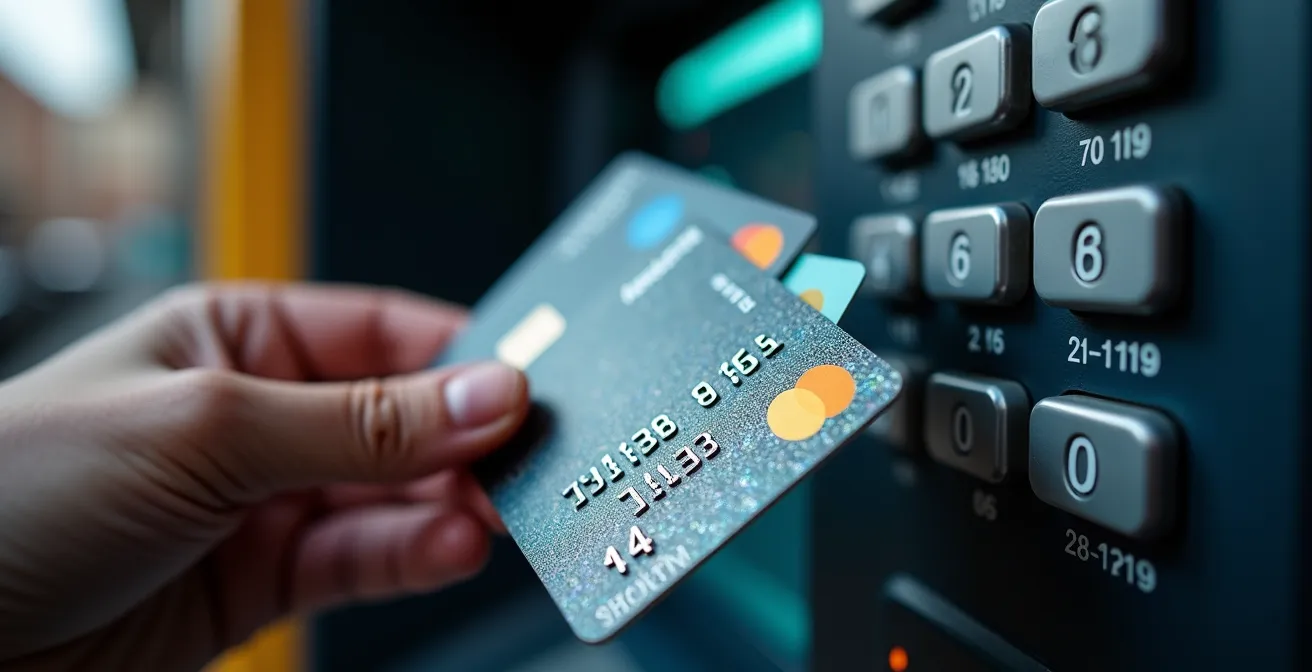 Vista posteriore persona che preleva da ATM con carte multiple in mano
