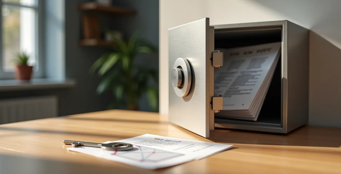 Codici di backup stampati conservati in cassaforte domestica con chiave fisica