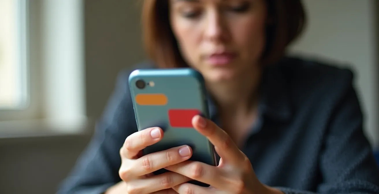 Mano che tiene smartphone con gesto di blocco carta su app bancaria