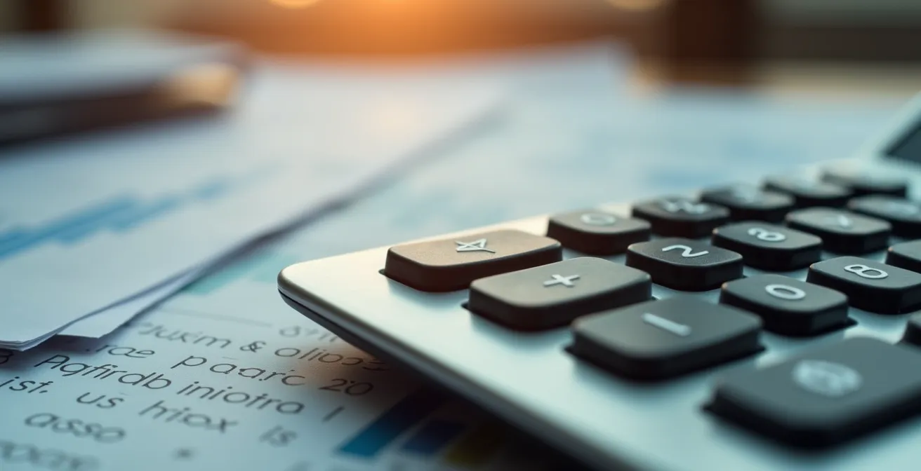 Calcolatrice e grafici economici su scrivania professionale italiana