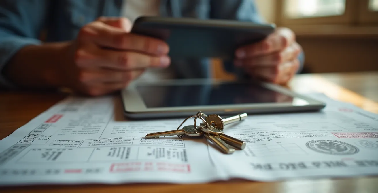 Tablet che mostra il processo di registrazione CIN con documenti e chiavi di casa