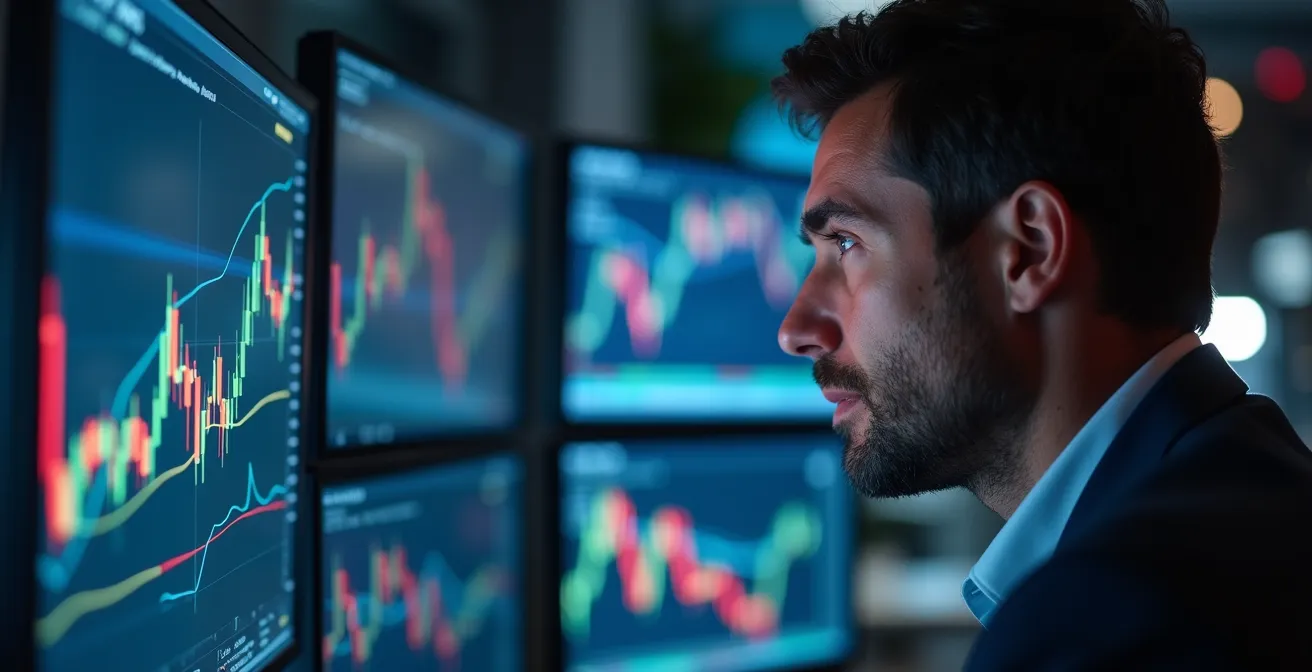 Postazione di trading professionale con configurazione multi-schermo per scalping