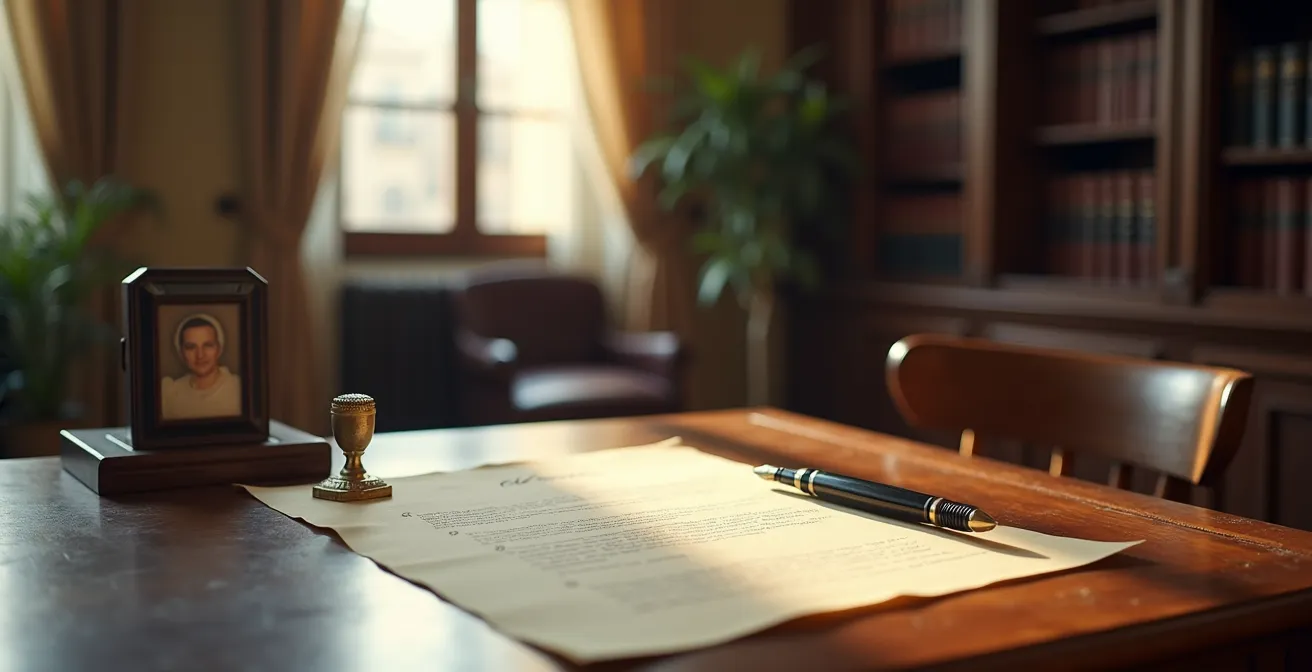 Documenti assicurativi con penna stilografica su tavolo di legno italiano