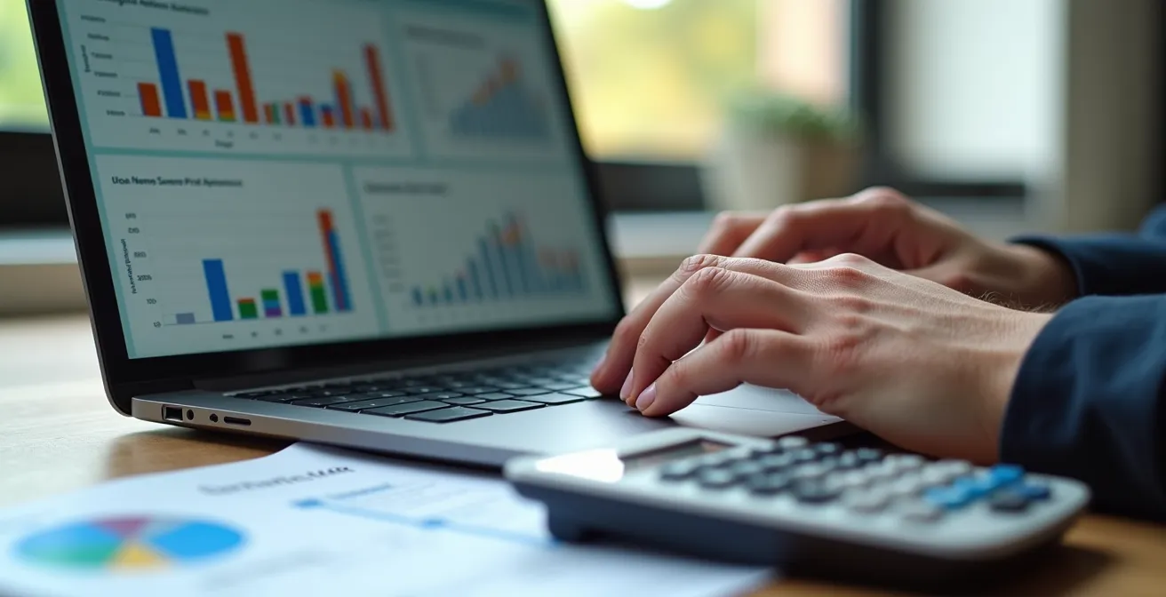 Laptop con foglio di calcolo Excel per simulazione IRPEF e calcolatrice professionale