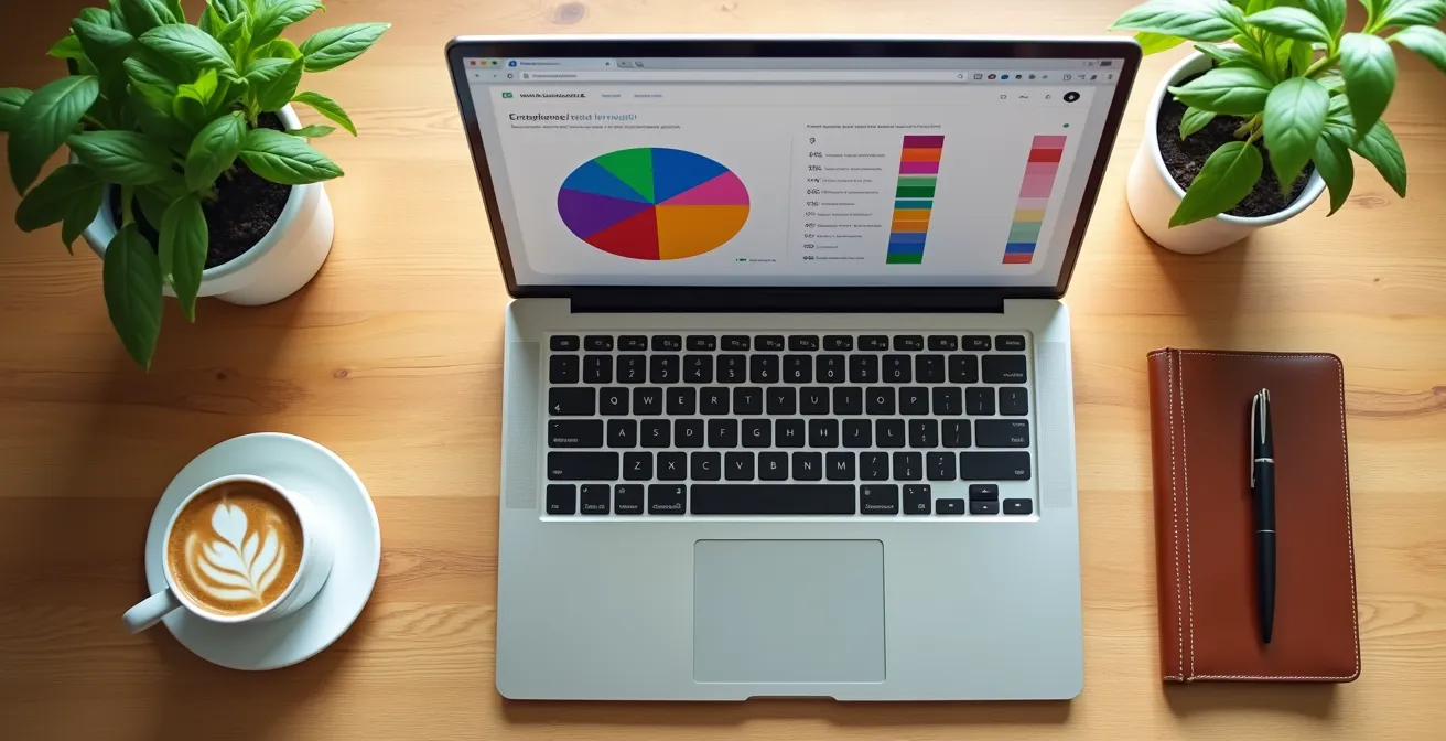 Vista dall'alto di un laptop con foglio di calcolo colorato e caffè italiano sul tavolo