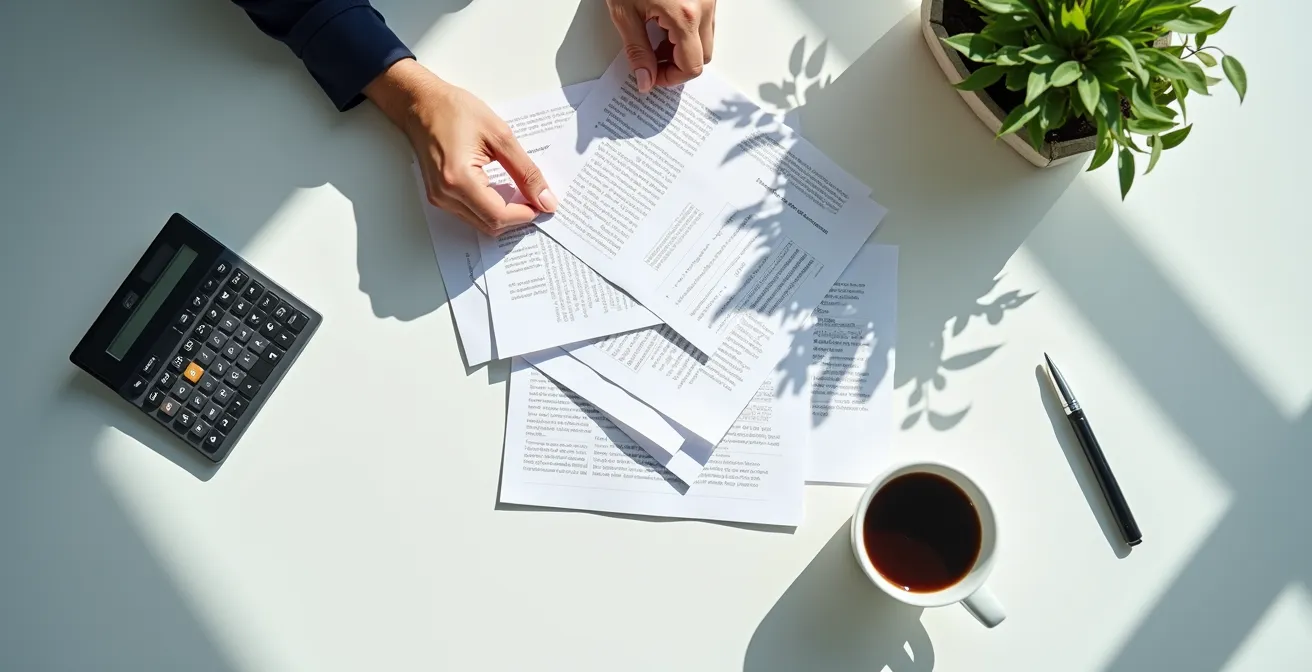 Mani che sfogliano documenti finanziari su scrivania professionale con calcolatrice