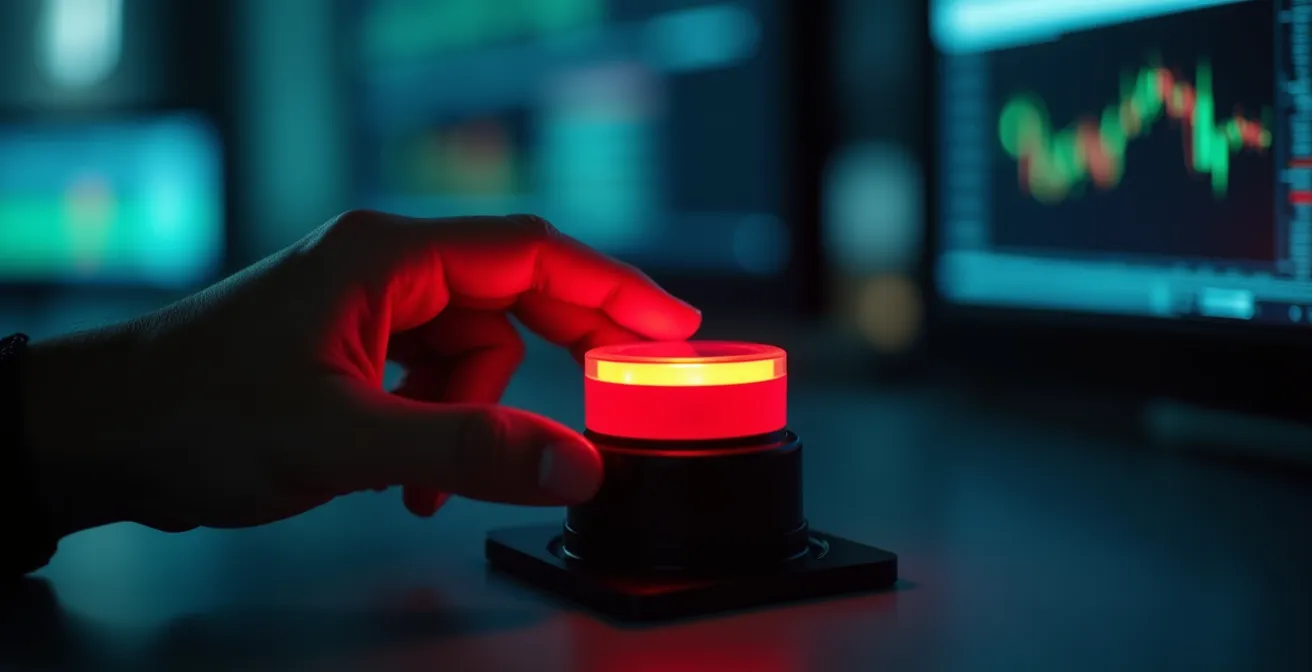 Pulsante di emergenza rosso industriale su pannello di controllo futuristico