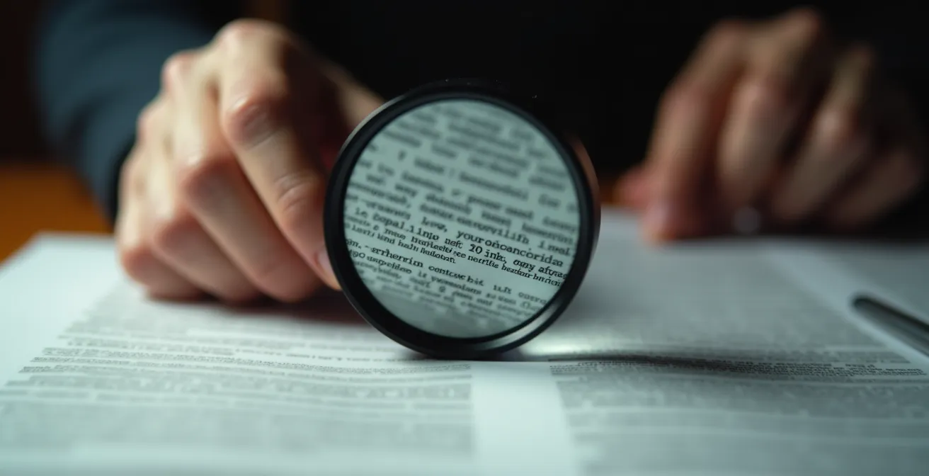 Notaio che esamina documenti bancari con lente