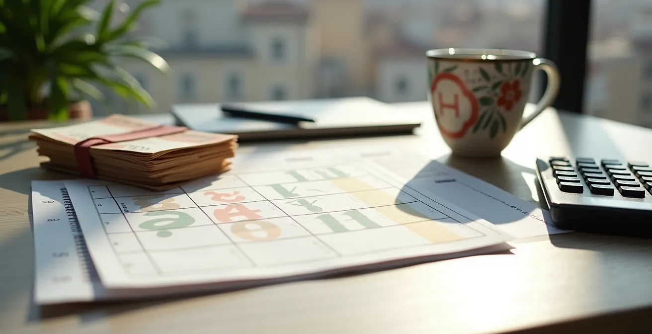 Vista ampia di scrivania italiana con calendario e pianificazione finanziaria