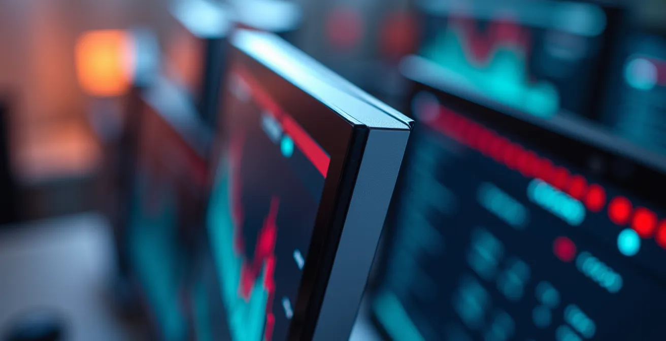 Setup professionale di trading con monitor multipli che mostrano grafici astratti