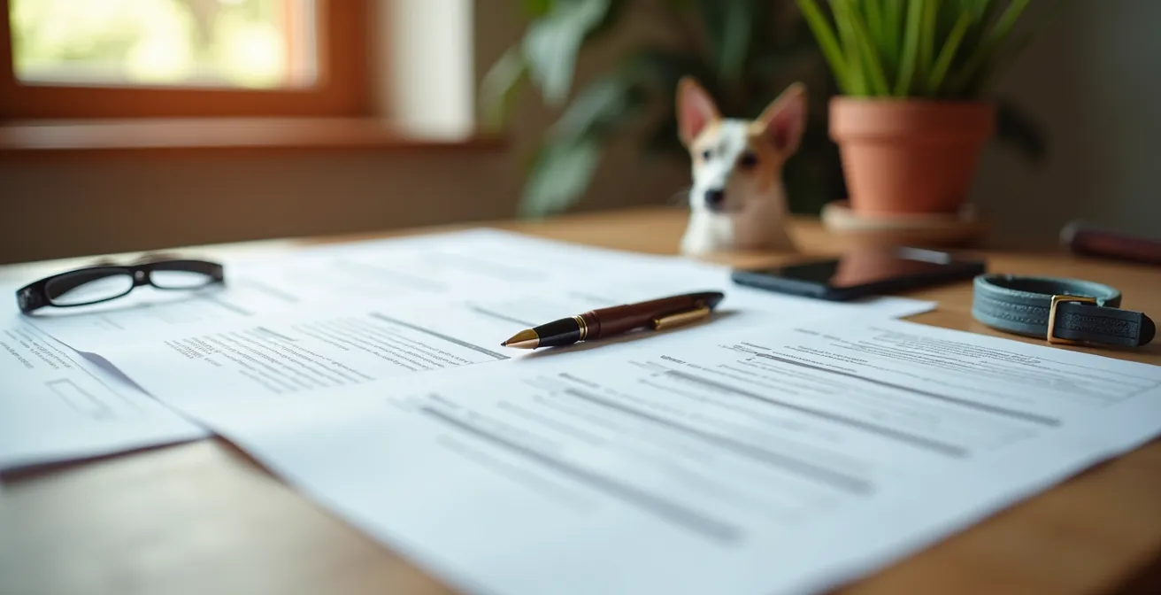 Documenti e moduli per denuncia sinistro con animale domestico disposti su tavolo