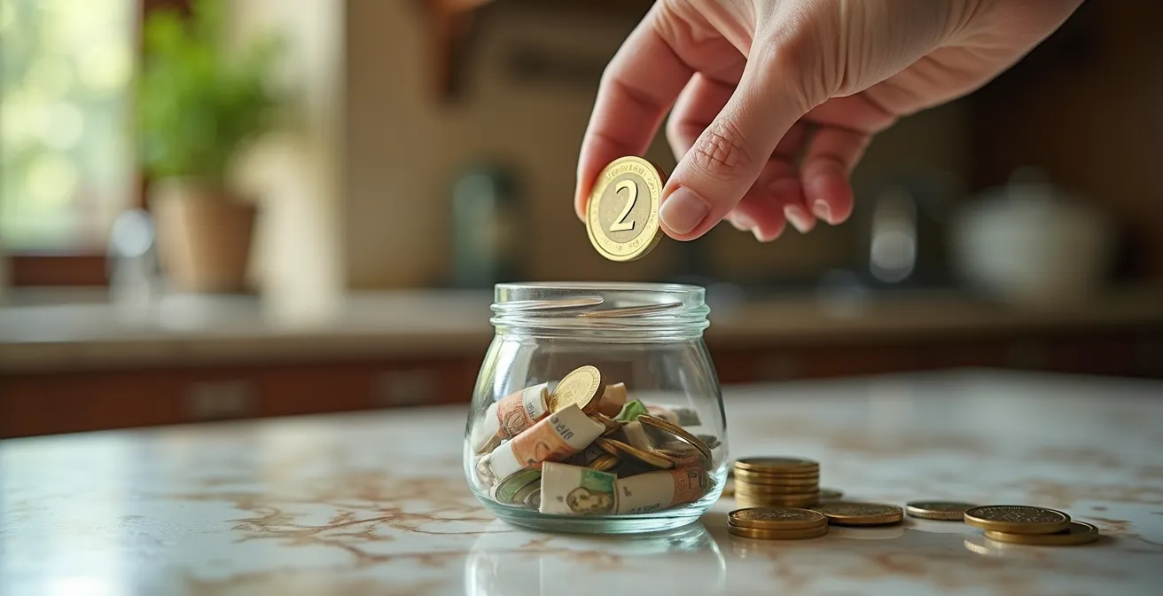 Mano che inserisce moneta in salvadanaio trasparente con banconote euro visibili all'interno