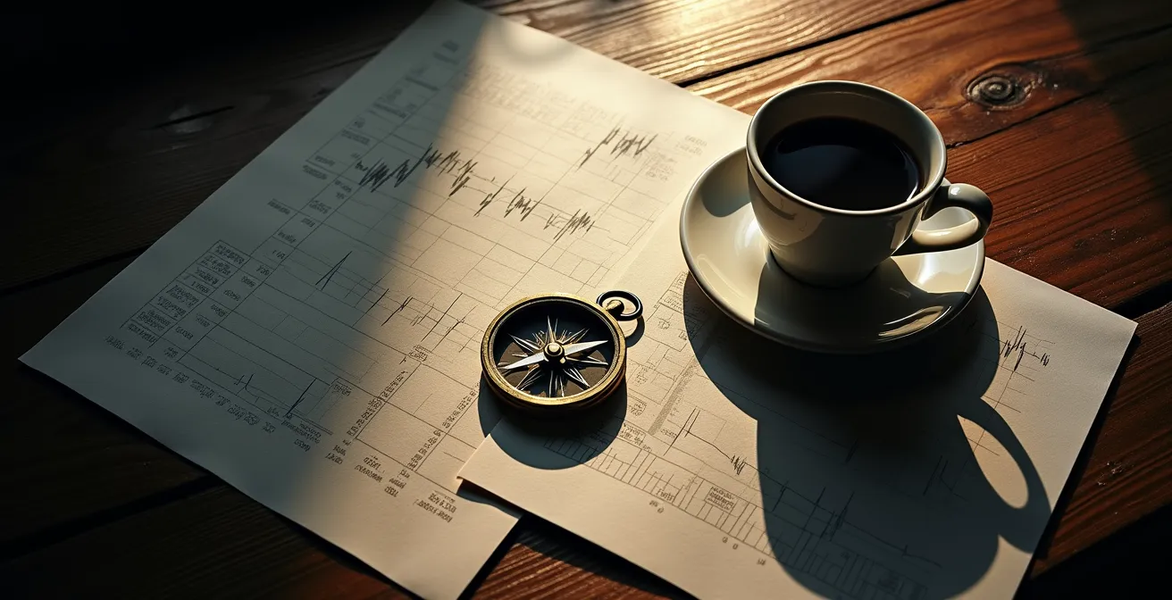 Vista dall'alto di una scrivania con grafici finanziari e calcolatrice in penombra