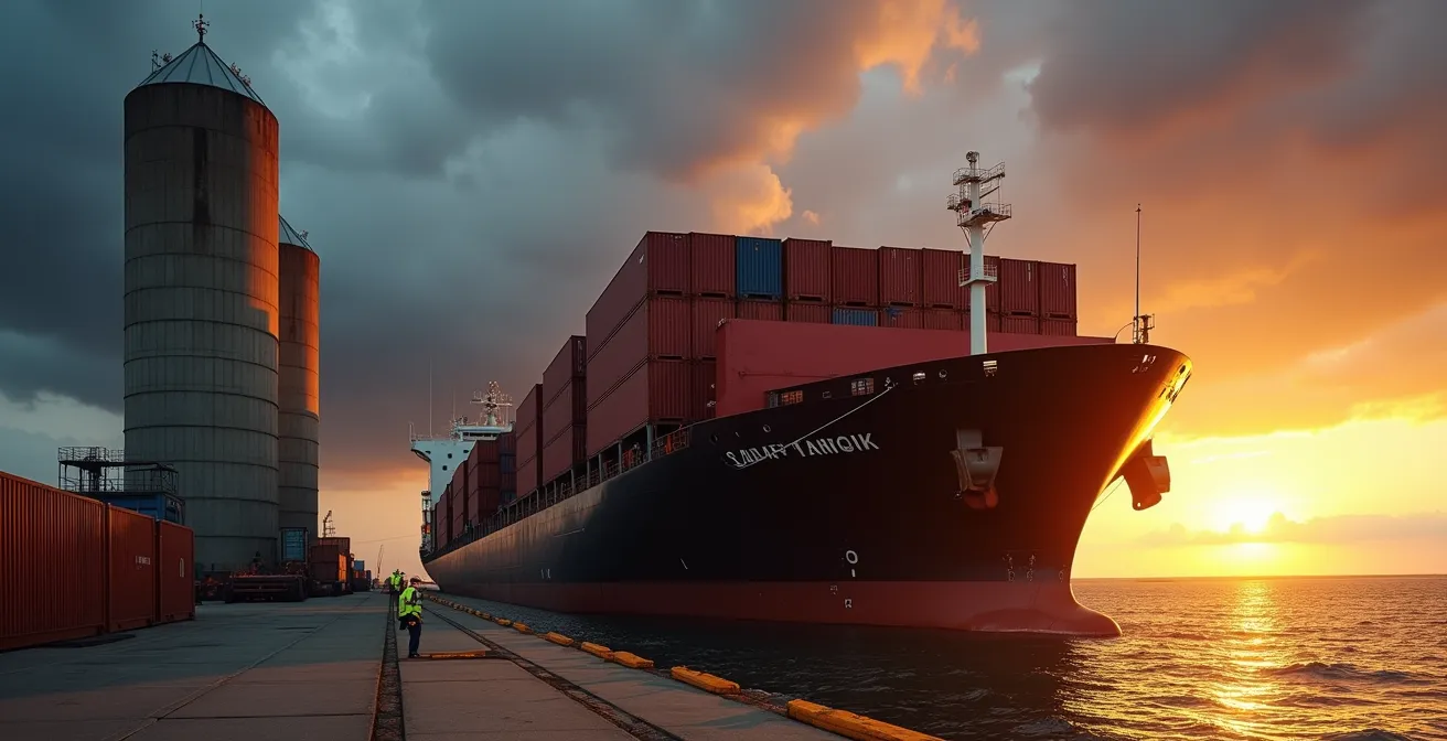 Mappa stilizzata del Mar Nero con rotte commerciali marittime e silos di grano