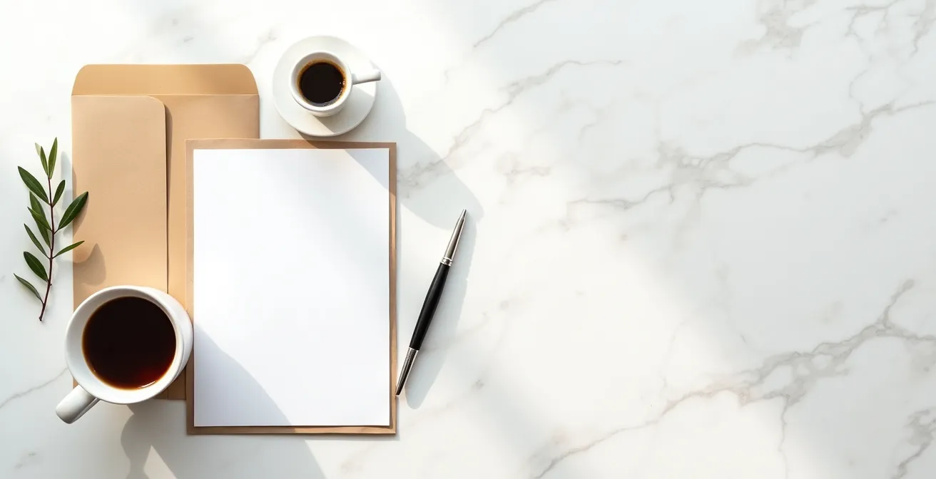 Vista aerea minimalista di documenti di offerta immobiliare su tavolo con elementi naturali italiani