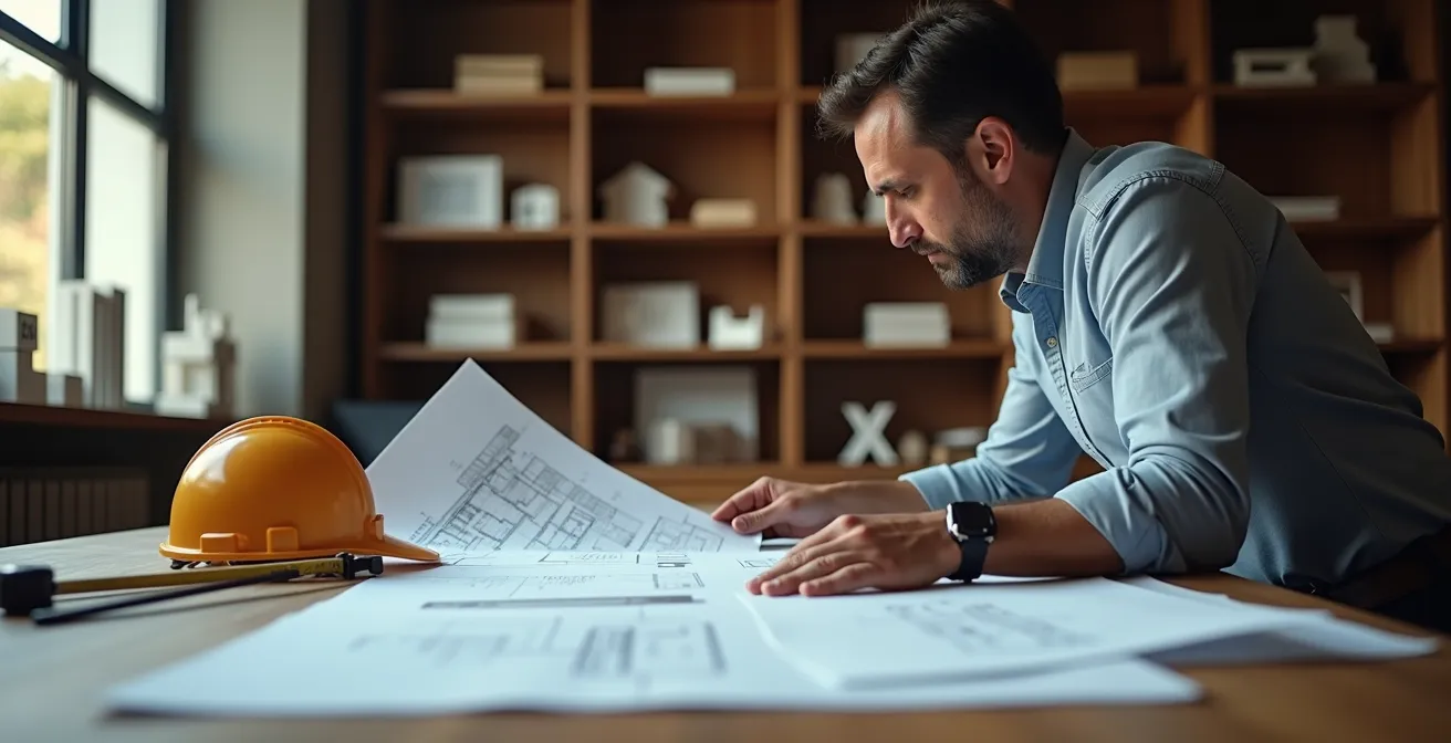 Professionista che esamina documenti tecnici per validazione sismabonus