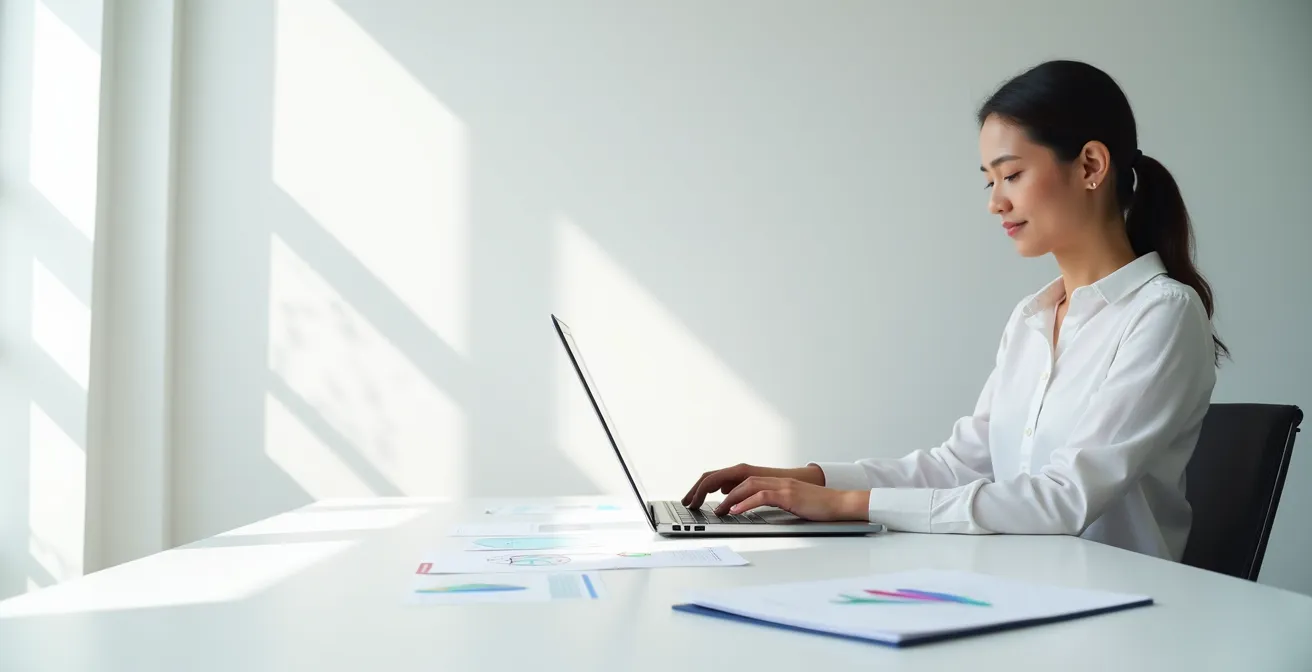 Ambiente minimalista con professionista che verifica lo stato del pagamento F24 in un'atmosfera serena e organizzata