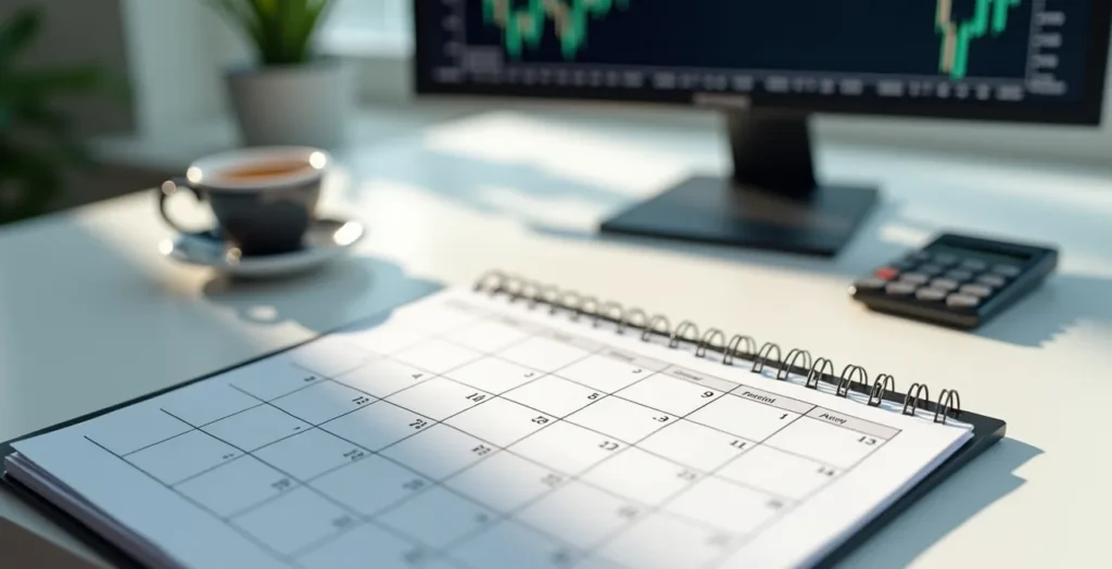 Calendario digitale con scadenze futures del grano evidenziate e trader che analizza grafici Calendario digitale con scadenze futures del grano evidenziate e trader che analizza grafici
